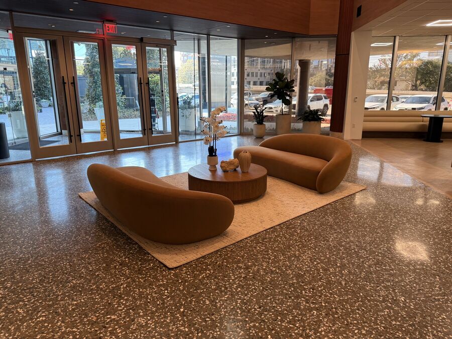 Office lobby with furniture neatly staged after delivery